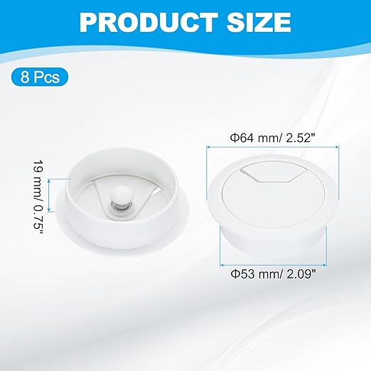 PATIKIL 53mm Desk Grommet, 8pcs Desk Cord Hole Cover Desk Cable Hole Grommet Cover Sturdy ABS Plastic Round for Cables Cabinets Desktop Equipment Wiring Organizing,Elasticity, White