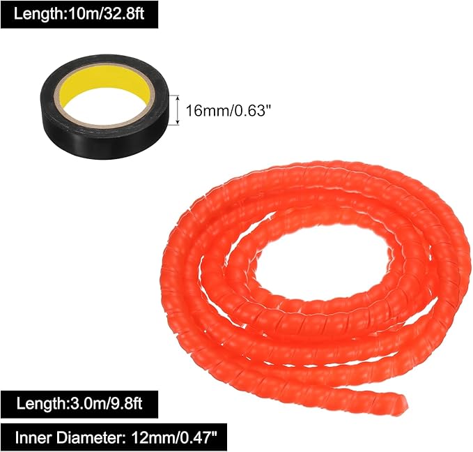 MECCANIXITY Spiral Cable Wrap 9.8ft/3.0M 12mm Cable Management Sleeve PP Insulation Cord Organizer for Computer Wire Power Cable Gas Pipe Red with Tape
