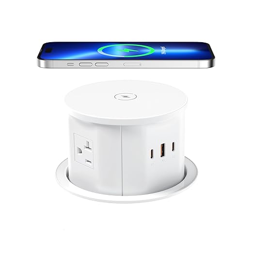 ANNQUAN 20 Amp Pop Up Countertop Outlet with 15W Wireless Charger,Max 65W Power Delivery,4.75" Pop Up Electrical Outlet with 3 Outlets 3 USB Ports for Home Office