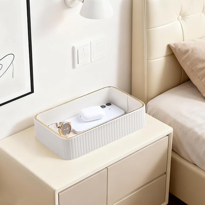 Desk Organizer Tray, PU Leather Valet Tray Nightstand Organizer Cologne Perfume Trays for Men Women, Decorative Vanity Trays Key Bowl Trinket Dish (Ivory, 9.5" x 6" x 2.2")