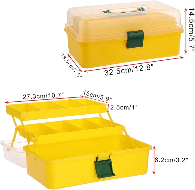 BTSKY 3-Layer Plastic Dividing Storage Box Craft Organizer with Adjustable Spacers Portable Handled Art Supply Organizer Multipurpose Home Utility Box for Sewing (Yellow+Green)