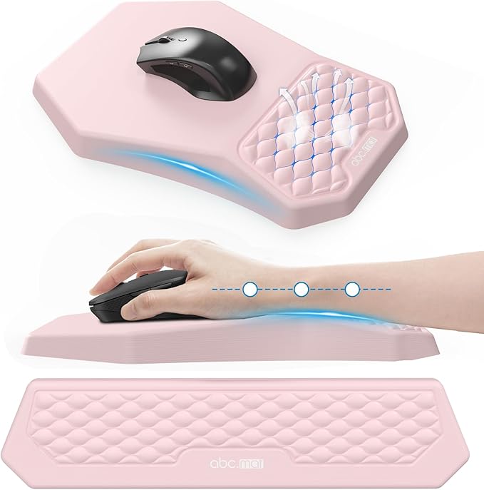 Ergonomic Mouse Pad and Keyboard Wrist Rest Support Set, Massage Design Mousepad for Carpal Tunnel Pain Relief, Memory Foam, Non-Slip PU Base for Computer Desk, Pink
