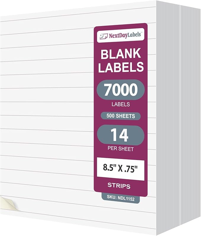 NextDayLabels – 8.5” x .75" Strip Sticker Labels for Printer - White Laser/Inkjet Printer Labels Return Address Labels Shipping Label Stickers (500 Sheets, 14 Per Sheet, 7000 Labels)