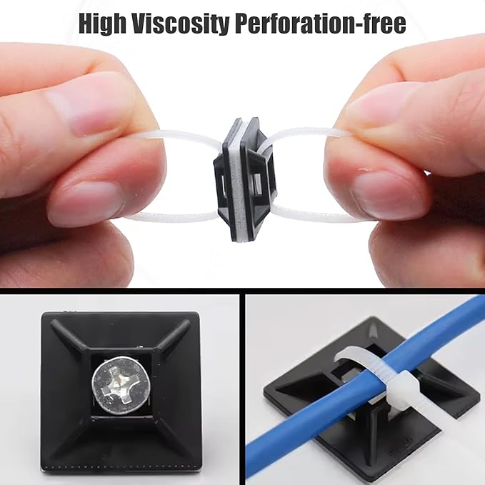100Pcs Adhesive Zip Tie Mount, 3/4in Black Cable Tie Mount, Plastic Zip Tie Mounting Squares, Sturdy Zip Tie Sticky Mounting Pads for Cable Organizer (Black, 3/4"-100pcs)