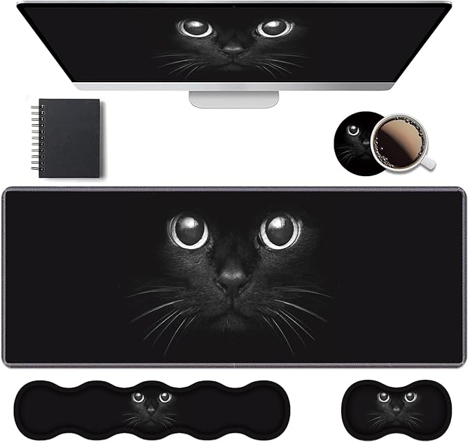 Ergonomic Keyboard Wrist Rest & Mouse Pad Wrist Rest Set, Large XXL Gaming Desk Mat 31.5"x 11.8" with Memory Foam, Easy Typing Pain Relief for Office & Home, Cute Black Cat Face