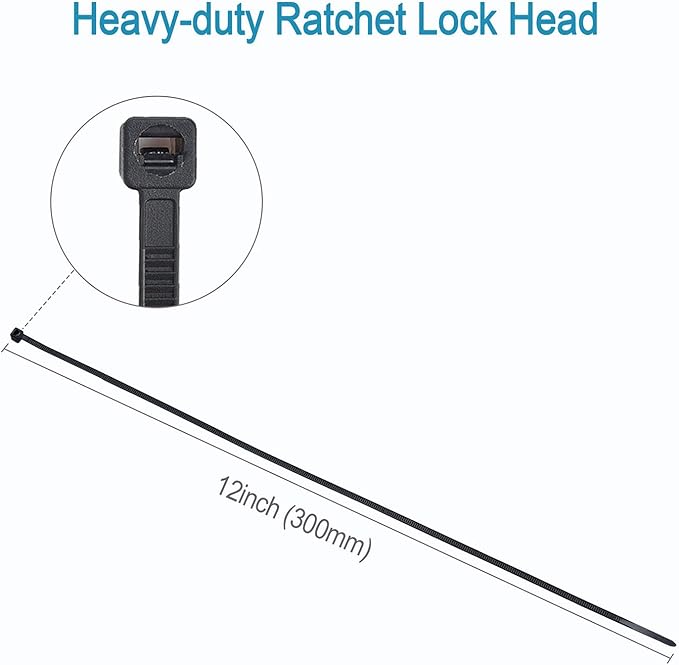 100pcs Cable Zip Ties Heavy Duty 12 Inch, Premium Plastic Wire Ties with 50 Pounds Tensile Strength, Self-Locking Black Nylon Zip Ties for Indoor and Outdoor