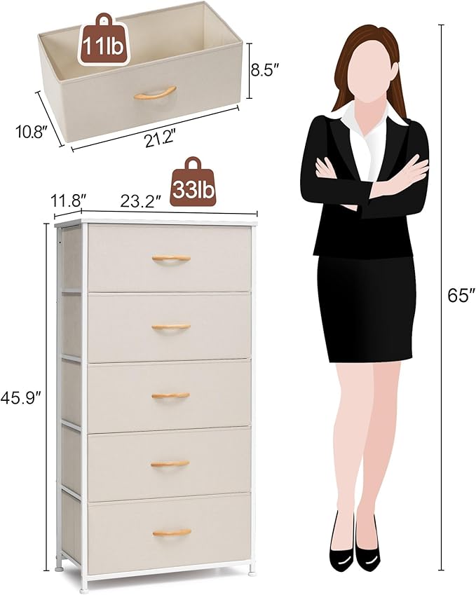 Crestlive Products Vertical Dresser Storage Tower - Sturdy Steel Frame, Wood Top, Easy Pull Fabric Bins - Wide Organizer Unit for Bedroom, Hallway, Entryway, Closets - 5 Drawers(Beige)