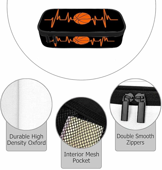 Basketball Pencil Holder Bag Heartbeat Sport Orange Black Pencil Case College Office Organizer for Teens School Students Boy Girl