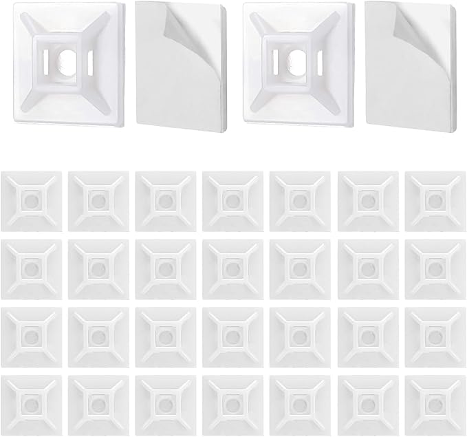100Pcs Adhesive Zip Tie Mount, 3/4in Cable Tie Mount, Plastic Zip Tie Mounting Squares, Sturdy Zip Tie Sticky Mounting Pads for Desk Cable Organizer (White, 3/4"-100pcs)