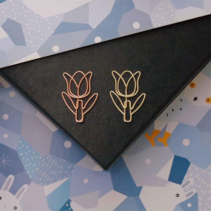 OWLFAVO 36pcs Tulip Flower Shape Paper Clips with Clear Box, Rose Gold and Yellow Gold, Funny Cute Paperclips Bookmarks Planner Clips for Fun Office Supplies School Gifts Wedding Decoration