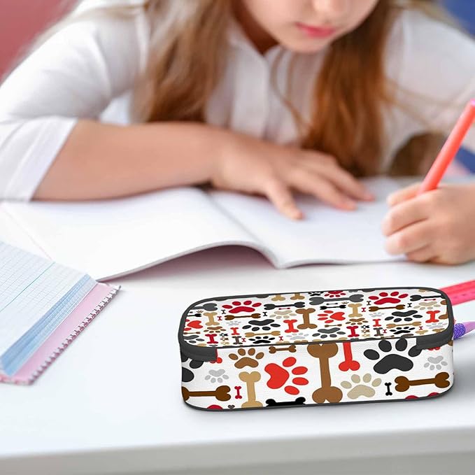 Dog Paws Pencil Case Brown Red Bones Animal Funny Pet Pencil Bag Pouch Box Organizer for College School Students Boy Girl