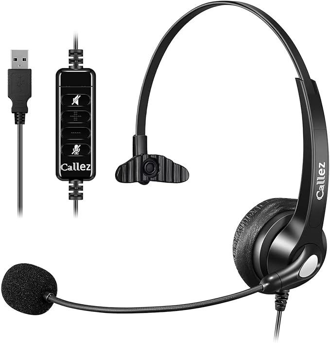 Callez USB Headset with Microphone Noise Cancelling & Audio Controls, Wideband Computer Headphones for Business UC Skype Lync Softphone Call Center Office, Clearer Voice, Super Light, Ultra Comfort