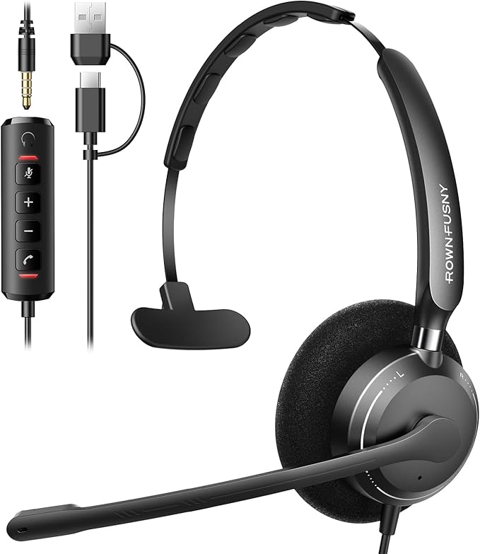 Rownfusny USB Headset with Microphone for PC, Computer Headset with Microphone Noise Canceling Mic for Laptop Call Center Wired Headset with Mic for Work Zoom Skype Teams from Office Home (Black)