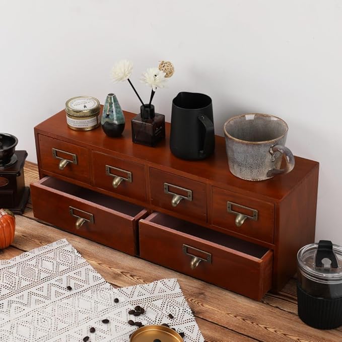 Apothecary Drawers Wooden Storage Box with 6 Drawers Vintage Countertop Wooden Drawers Apothecary Cabinet Library Card Catalog Cabinet （BROWN）