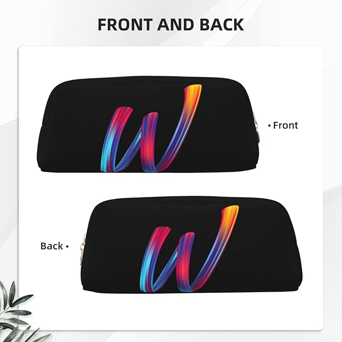 Cute Initial Pencil Case for Kids Simple Leather Pencil Pouch for Boys Girls Letter Design Pencil Box Pen Bag Pencil Pouch Office Stationery Organizer, Rainbow Letter W