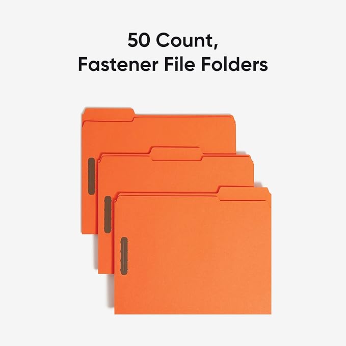 Smead Fastener File Folders, Reinforced 1/3-Cut Tabs, 2 Fasteners, Letter Size, Orange, 50 per Box (12540)