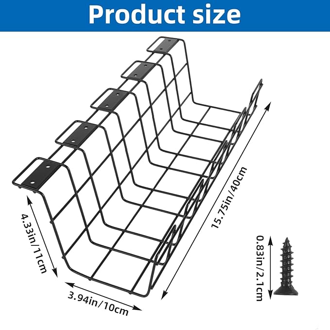 3 Pack Under Desk Cable Management Tray Metal Cord Cable Management Under Desk for Office Studio and Home Easy Install Pre-drilled Wire Organizer