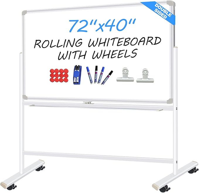 Dry Erase Board with Stand - 72x40 Double Sided Large Standing Whith Board, Mobile Whiteboard on Wheels for Home Classroom Office, Rolling Magnetic Whiteboard Easel for Meeting, Training