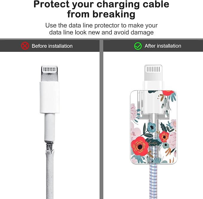 Cute Flowers DIY Protectors Cable Protector for iPhone Charger,Red Roses Pattern,Data Cable Charger Data Line Earphone Wire Saver for iPhone X 14 13 12 11 Pro Max