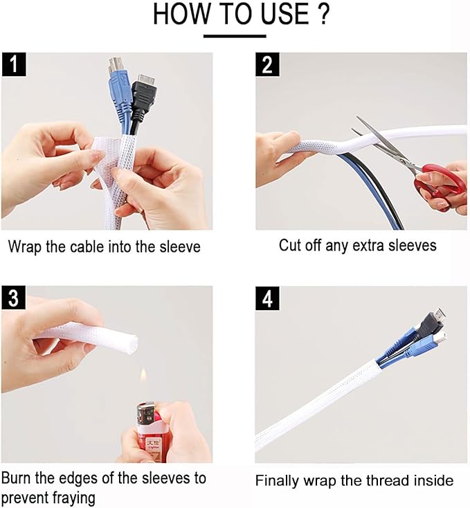 1/2" x25ft Braided Cable Sleeve – Split Self-Wrapping Wire Loom Tubing for USB, Power, Audio/Video Cords – Chew-Resistant Cord Protector, White Expandable Sleeving