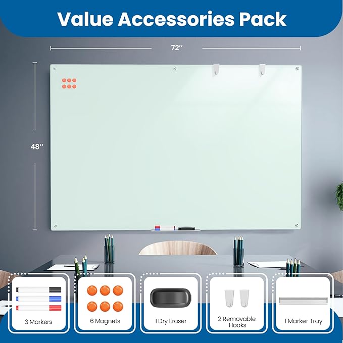 Large Glass Whiteboard, Enhanced Magnetism Glass Dry Erase Board for Wall, 72" x 48" Magnetic Tempered Glass Board, 6' x 4' Big White Board for Home, Office, School