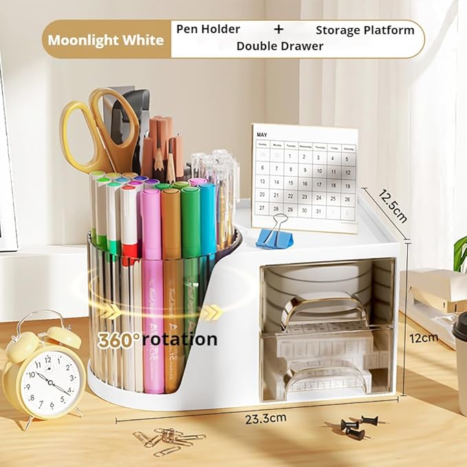 Rotating Desk Organizer, Large Capacity Cosmetic Display Case with Drawer, 360-Degree Rotating Pen Holder, Art Supply Storage Box Caddy for Office and Home