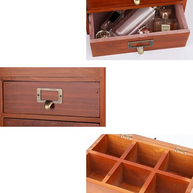 Wooden Storage Box Desk Organizer with 2 Drawers and 6 Grids Apothecary Drawers Small Craft Storage Containers Jewelry Holder for Women (Glass Brown02)