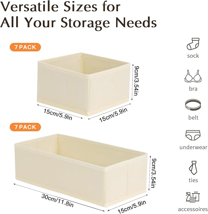 DIMJ Drawer Organizers Clothes, Set of 14 Dresser Organizer Bins, Fabric Closet Organizers and Storage, Shallow Drawer Dividers for Nursery, Clothing, Baby Clothes, Socks, Underwears, Tie (Beige)