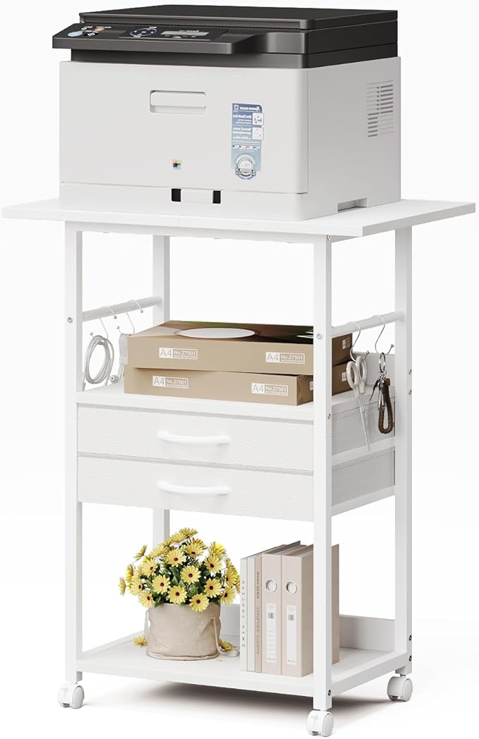 Large Printer Stand with Storage Fabric Drawer Under Desk Printer Table with Wheels for Home Office, Printer Cart fit Fax Machine Scanner (White, 3 Tiers)
