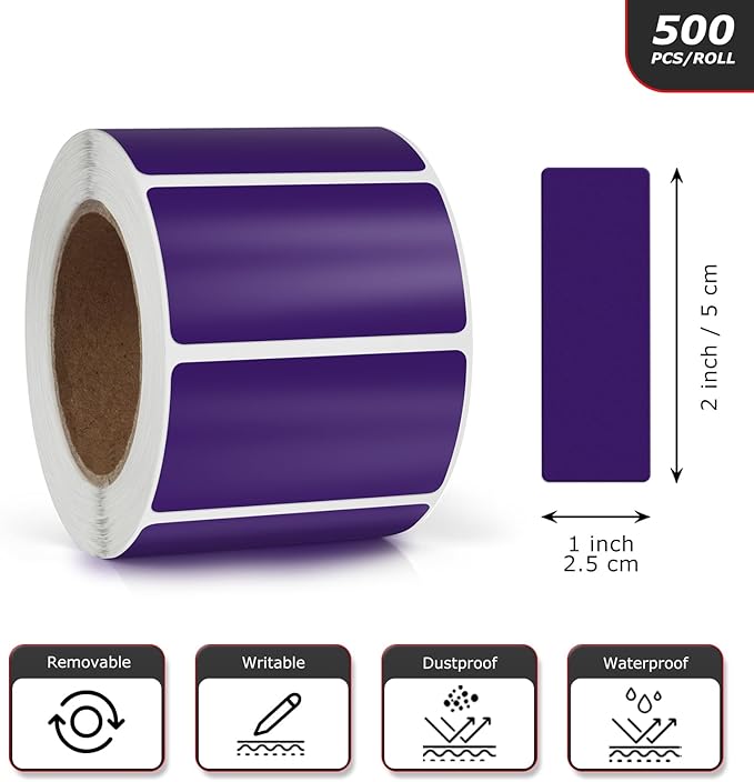 Meitaat Purple Rectangle Stickers 2 x 1 Inch Color Coding Labels Vinyl Roll Self-Adhesive Waterproof Removable 500 PCS