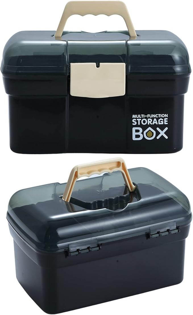 11'' Plastic Box Organizer with Removable Tray, Sewing Organizer, Craft & Art Supply Multipurpose Storage Box for Cosmetic (Black)