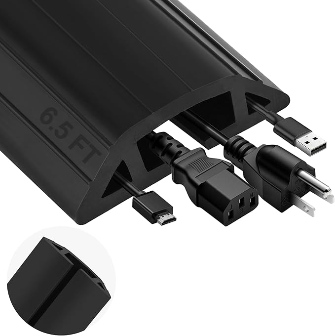 MYFAMIREA 6.5FT Floor Cord Cover Heavy Duty Cable Cover Protector 3 Channels Extension PVC Floor Wire Cover Outdoor Cord Hider Management Cord Cover for Wire on Floor for Home Office Outdoor, Black