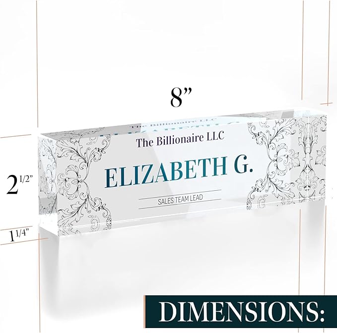 Desk Name Plate Personalized, Custom Name Plates 2½/x8 Inches, Thick Crystal-Clear Acrylic, Gift Box, Office Desk Decor. USA Made by ACRYLUXE (Belvedere)