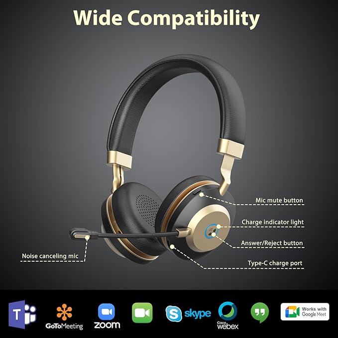 Earbay Wireless Headset, Bluetooth Headphones with Microphone Noise Canceling & USB Dongle, 50hrs Talk Time Headset with Mic Mute & Charging Dock for PC Computer Phone Teams Office Remote Work Call