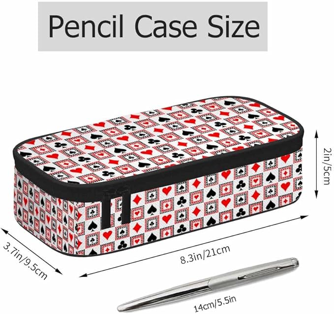 Playing Cards Pencil Holder Bag Bright Red Black White Symmetrical Geometric Pencil Case College Office Organizer for Students Boy Girl Teens Adults