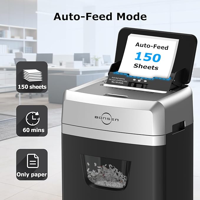 BONSEN 150-Sheet Autofeed Paper Shredder Heavy Duty, 60 Mins Micro-Cut Shredder for Office, 6 Gal Large Capacity Bin P-4 High Security Commercial Document Shredders for Home Office (S3114 New Version)