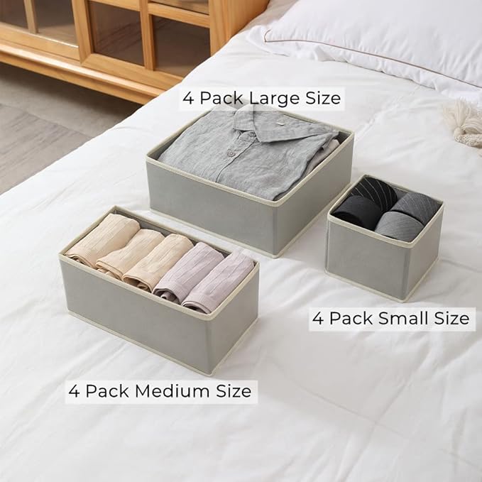12 Pack Drawer Organizer Clothes, Foldable Fabric Dresser Organizer Closet Organizers and Storage Box for Underwear,Folded Clothes,Baby Clothing,Socks,Bra,Towels,Ties(12 Pack,Gray)