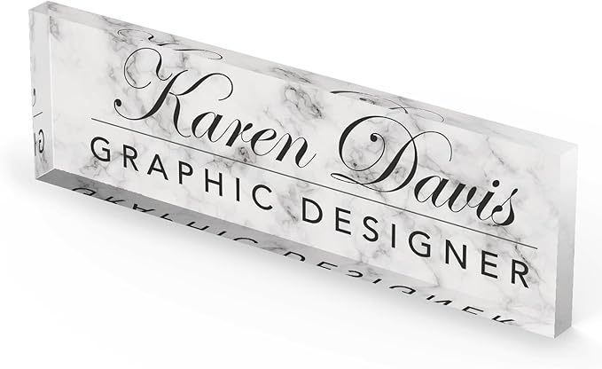 Artblox Personalized Name Plate for Desk | White Marble Design On Clear Acrylic Glass | Custom Plaque Desk Name Plate Personalized Your Name and Credentials Office Office Sign Engraved Plaque