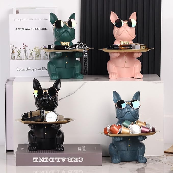 Modern Bulldog Statue in Pink Resin - Piggy Bank Key Holder Storage, Candy & Jewelry Tray for Home Decor, Dining Table, Office