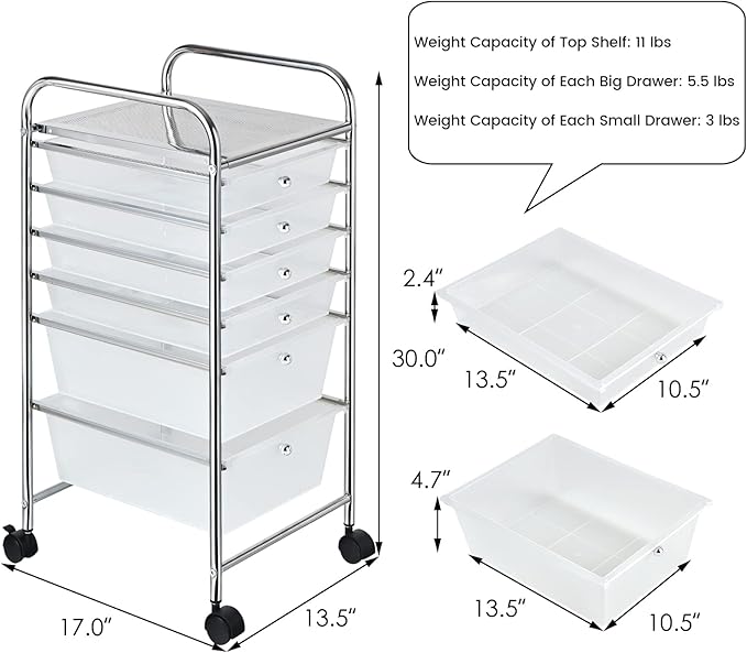 Happygrill 6-Drawer Organizer Cart Tools, Mobile Utility Storage Cart with Removable Drawers & Lockable Wheels, Rolling Storage Cart with Wheels for Home Office,Clear