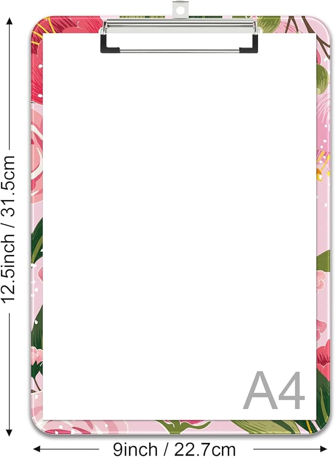 Rimilak Plastic Clipboards with Metal Clip, A4 Letter Size 9 x 12.5 in, Office Decorative for Students Women Men and Kids, Cute Custom Pattern, Pink Flower
