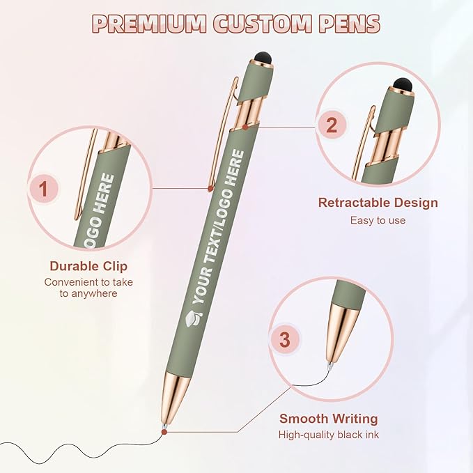 50 Pack Personalized Custom Pens with Stylus Bulk Ballpoint Pens Engraved with Logo Text Name for College Business Promotion Graduate Wedding Birthday Christmas (Black)