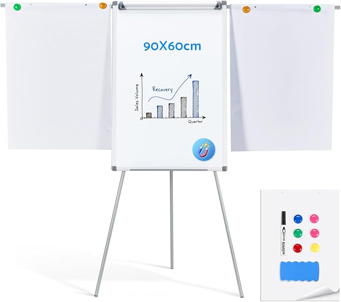 MAKELLO Flip Chart Easel, Magnetic Dry Erase Board with Stand for Office Classroom Home School, Extended Display Arms and Adjustable Height, 36x24 in