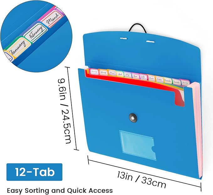 13 Pocket Accordion File Organizer with Elastic Closure, Expanding File Folder for Letter Size A4 Papers, Ideal for Home, Office Supplies, College Essentials - Blue