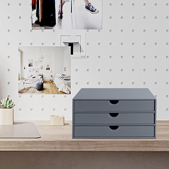 PU Leather Desk Organizer with 3 Drawers,Executive Office Supplies Desktop Filing A4 File Cabinet/Holder for Jewelry/Bill/Paper/Documents/Makeup Home Decor Stationery Storage Box,Grey