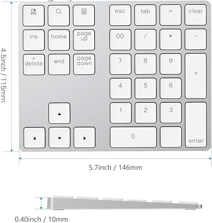 Lekvey Bluetooth Number Pad, Aluminum Rechargeable Wireless Numeric Keypad Slim 34-Keys External Numpad Keyboard Data Entry for Laptop, MacBook, MacBook Air/Pro, iMac, Windows, Surface Pro - Silver