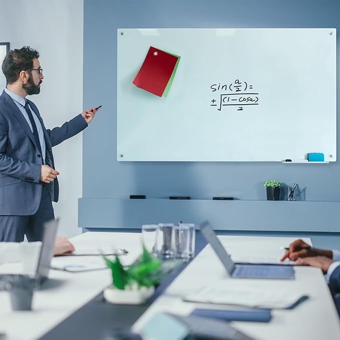 Magnetic Glass Whiteboard 48"x36" Glass Dry Erase Board 48"x36" Frameless Wall Mounted White Board Writing Board Glassboard for Office School Home Shop