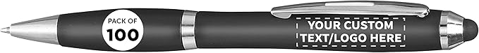 DISCOUNT PROMOS Custom Plastic Stylus Pens Set of 100, Personalized Bulk Pack - Black Ink, Great for Office, School, Business, Tradeshows, Events - Black