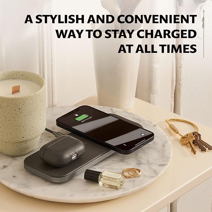 Courant Catch:2 Classics - Italian Leather Dual Wireless Charging Pad - Compatible with iPhone 11, X, SE, Galaxy S23, S22, S21, S20, Note, AirPods, AirPods Pro (Saddle)
