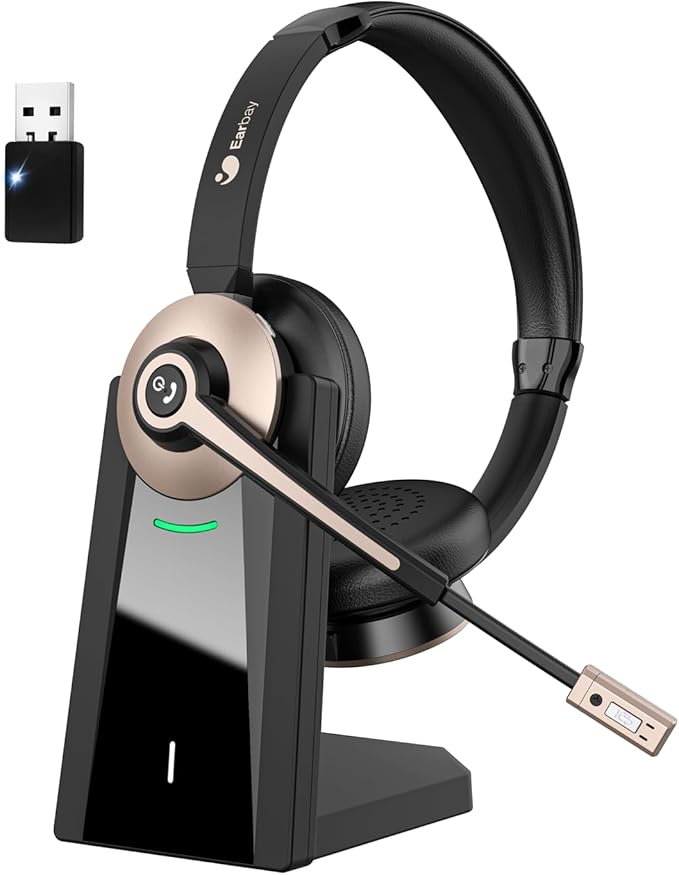 Earbay Wireless Headset - Bluetooth Headphones with Microphone Noise Canceling & Mute, Bluetooth Headset with USB Dongle/Charge Dock for PC Computer Cell Phone Work Office Meetings Call Teams